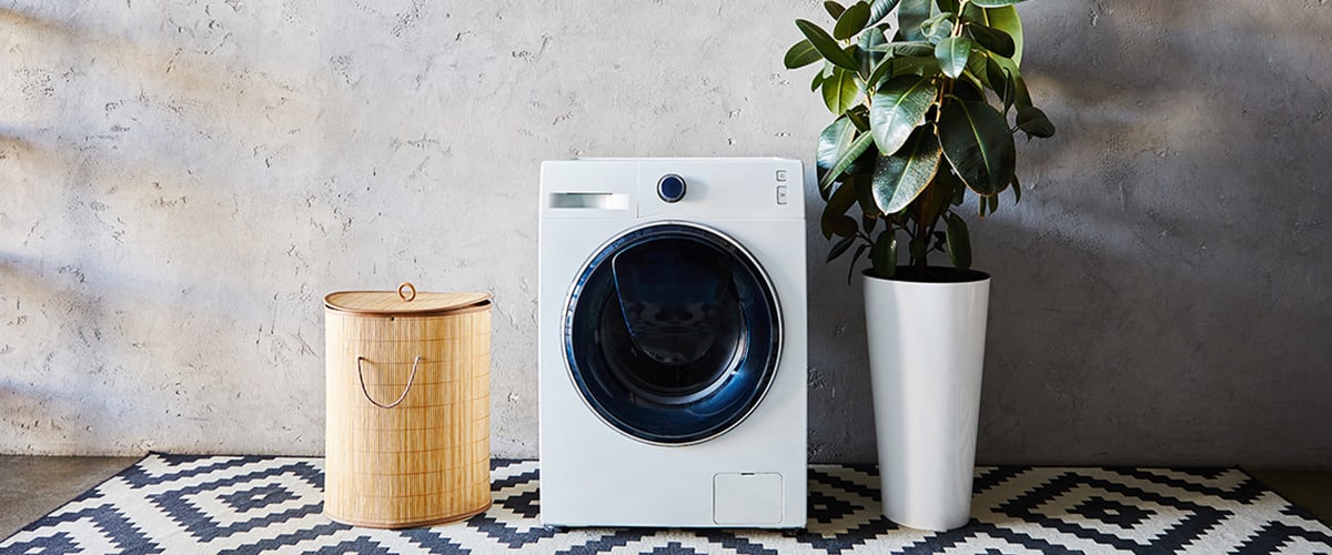 Waschmaschine mit Wäschekorb und Pflanze daneben