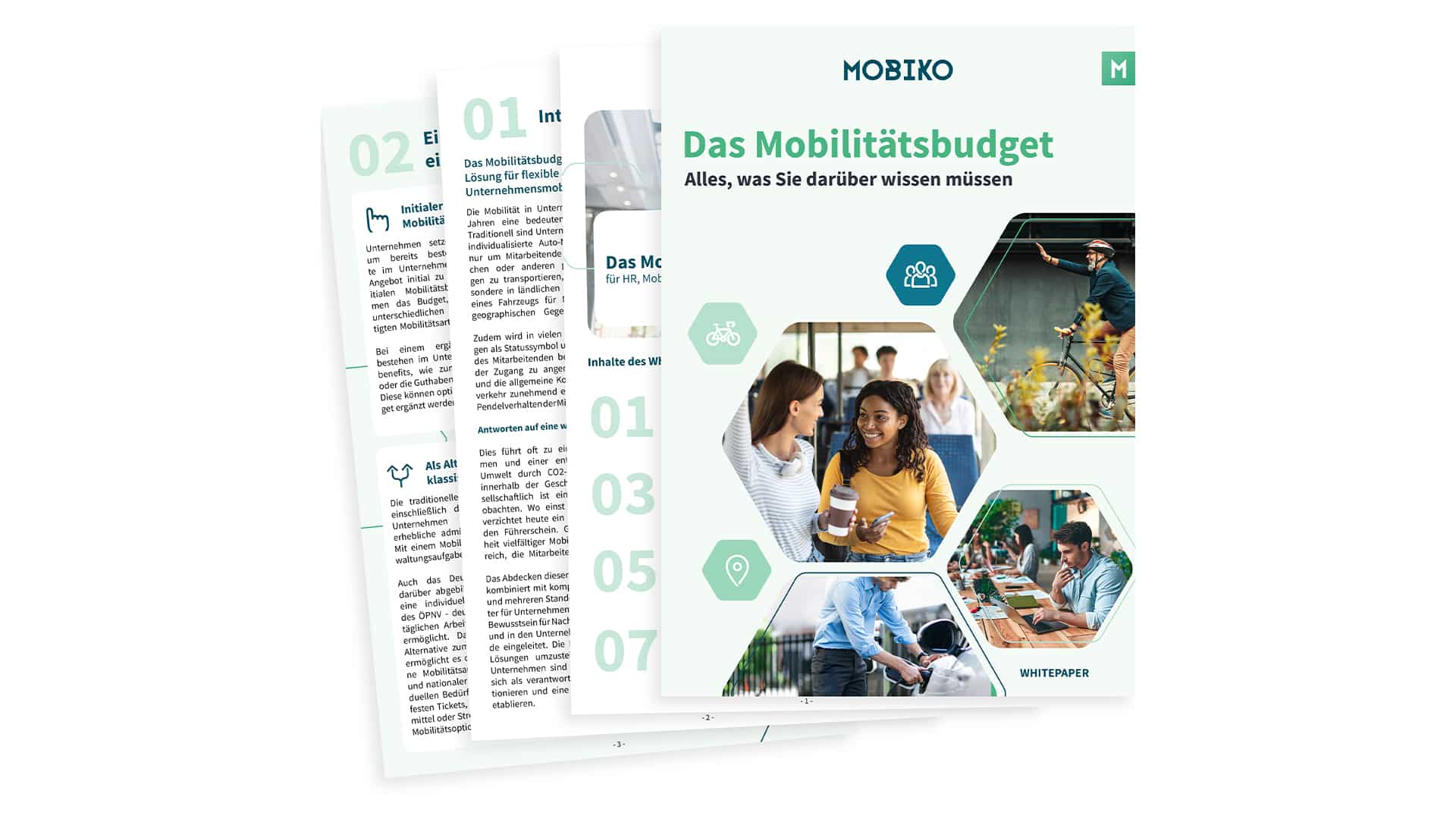 Titelseite und drei weitere Seiten als Bild des neuen MOBIKO Whitepapers "Das Mobilitätsbudget. Alles, was Sie darüber wissen müssen."